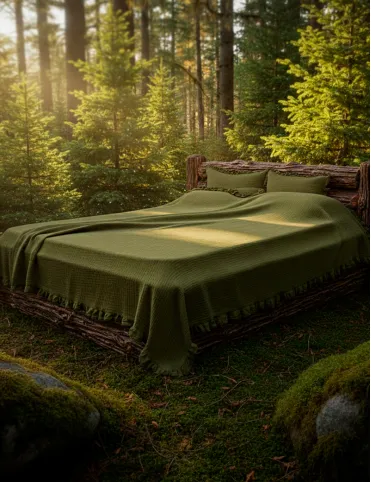 Green throw Blanket with Ruffles made of Muslin 160x200 cm| 100% cotton | Bedspreads green Forest Moss