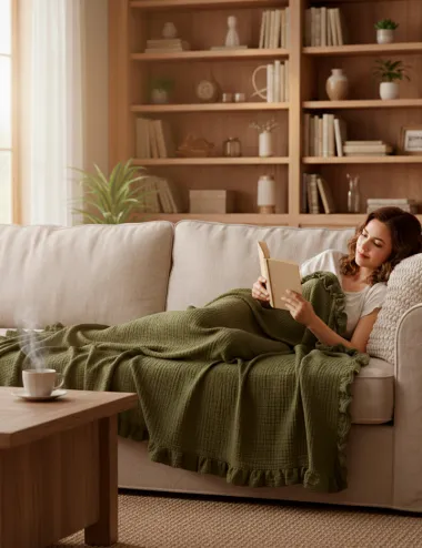 Green throw Blanket with Ruffles made of Muslin 160x200 cm| 100% cotton | Bedspreads green Forest Moss