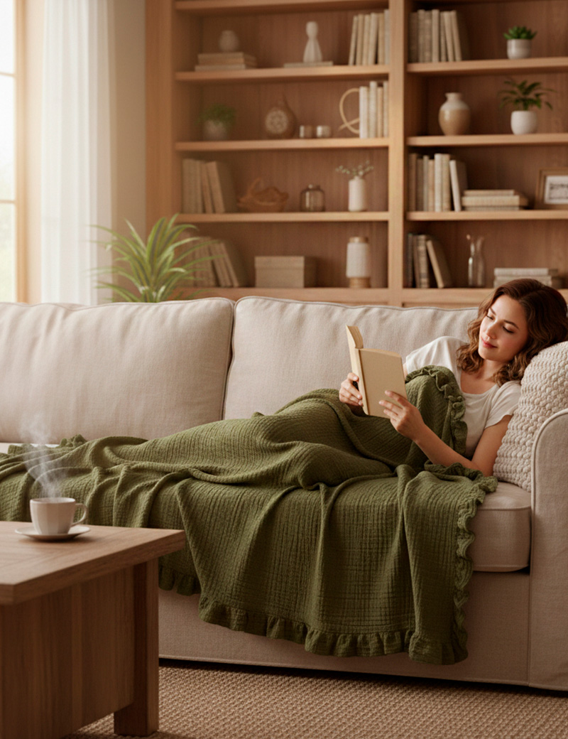Green throw Blanket with Ruffles made of Muslin 160x200 cm| 100% cotton | Bedspreads green Forest Moss