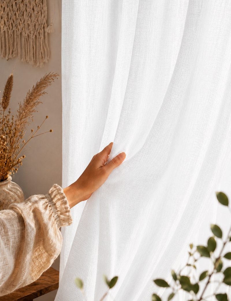 Weiße Leinenvorhänge im rustikalen Boho Provence Stil | 100% Leinen