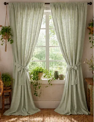 Green Linen Curtains in Rustic Boho Provence Style | 100% Natural Linen