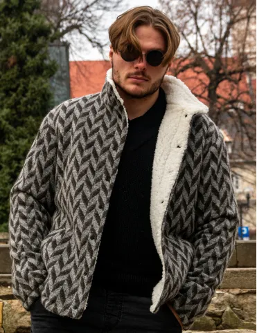 Men's Warm Shearling Jacket with Geometric Pattern