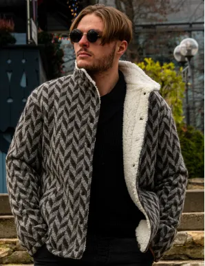 Men's Warm Shearling Jacket with Geometric Pattern