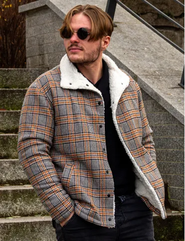 Mens Brown Check Wool Jacket with Sherpa Lining - Country Style Limited Edition
