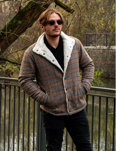 Mens Brown Check Wool Jacket with Sherpa Lining - Country Style Limited Edition
