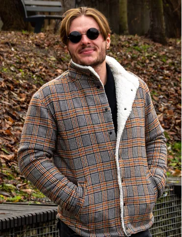 Mens Brown Check Wool Jacket with Sherpa Lining - Country Style Limited Edition