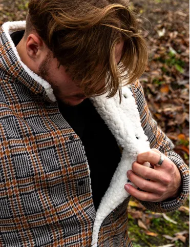 Mens Brown Check Wool Jacket with Sherpa Lining - Country Style Limited Edition