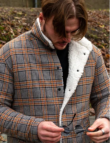 Mens Brown Check Wool Jacket with Sherpa Lining - Country Style Limited Edition