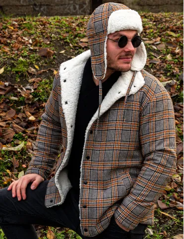 Mens Brown Check Wool Jacket with Sherpa Lining - Country Style Limited Edition
