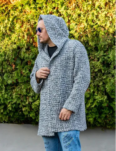 Men’s wool cardigan with hood,  light grey, warm boho sweater – perfect as a gift, Unisex Cardigan