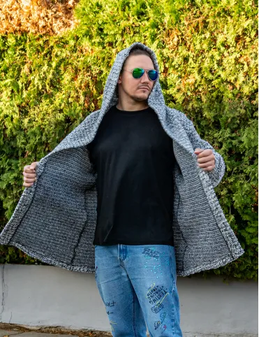 Men’s wool cardigan with hood,  light grey, warm boho sweater – perfect as a gift, Unisex Cardigan