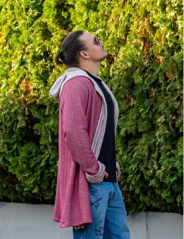 Unisex Cotton Festival Cardigan — Red-Pink, Hooded, Extended Length Ethnic style