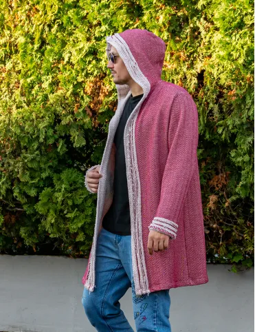 Unisex Cotton Festival Cardigan — Red-Pink, Hooded, Extended Length Ethnic style