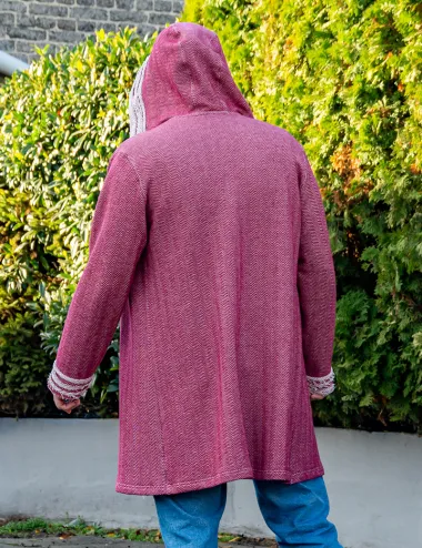 Unisex Cotton Festival Cardigan — Red-Pink, Hooded, Extended Length Ethnic style