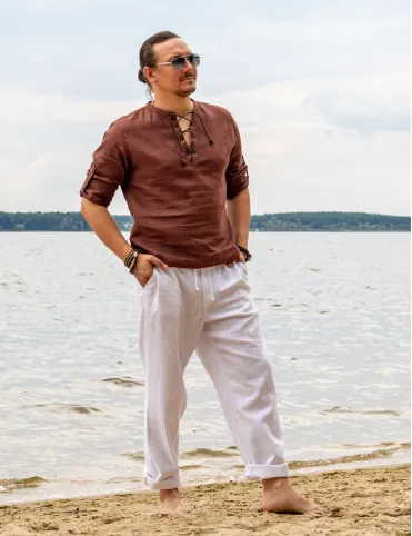 Men's linen trousers with pockets - 100% natural linen, different colors, loose fit, handmade