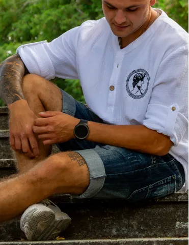 Herrenhemd aus Baumwolle mit Stickerei im Boho-Stil, Modell David