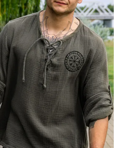 Men's cotton shirt with embroidered Scandinavian Vegvísir symbol in Viking style, model Sigurd