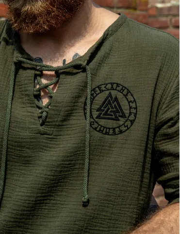 Men's T-shirt with embroidery of the Scandinavian symbol Valknut in Viking style, model Bjorn