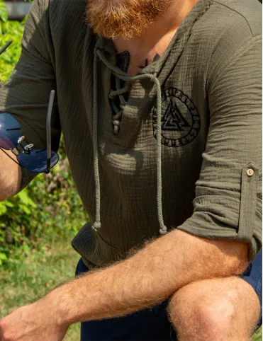 Men's T-shirt with embroidery of the Scandinavian symbol Valknut in Viking style, model Bjorn