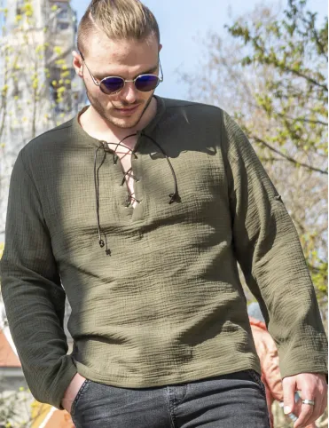 Men’s Summer Long Sleeve Shirt in Mid-Century Style, Boho style, Model Harald