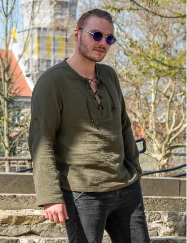 Men’s Summer Long Sleeve Shirt in Mid-Century Style, Boho style, Model Harald