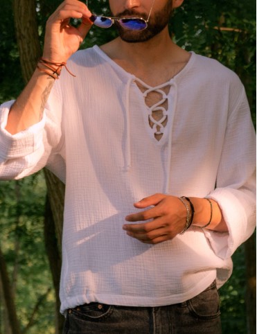 White men's muslin shirt with cord