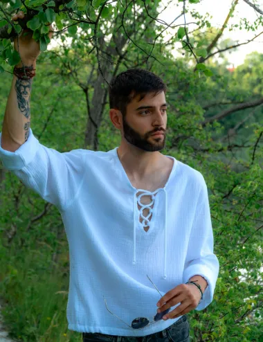 White men's muslin shirt with cord