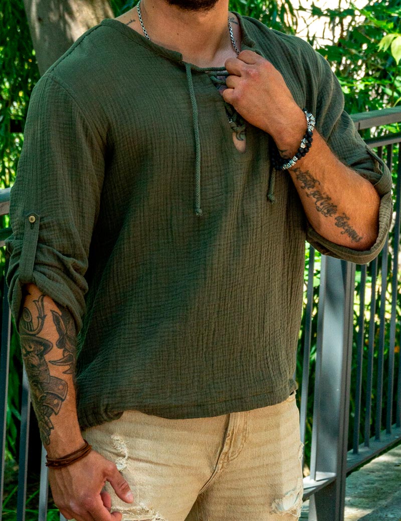 Men's long sleeve muslin shirt khaki