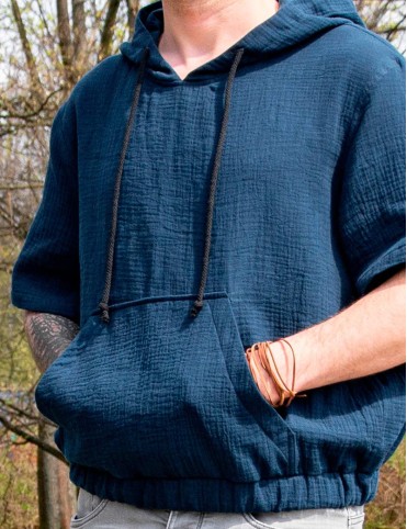 Men's dark blue muslin shirt with hood