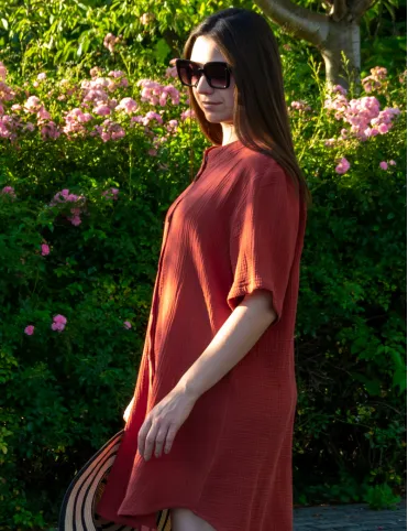 Long Brick Red Boho Shirt Dress with a short collar and buttons down the front Rihanna