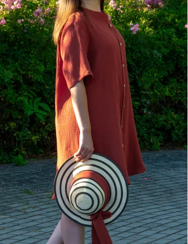 Long Brick Red Boho Shirt Dress with a short collar and buttons down the front Rihanna