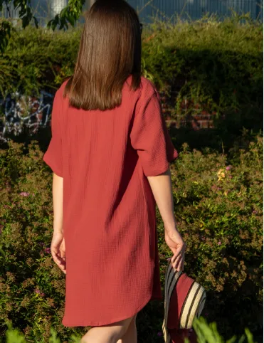 Long Brick Red Boho Shirt Dress with a short collar and buttons down the front Rihanna