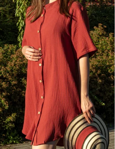 Long Brick Red Boho Shirt Dress with a short collar and buttons down the front Rihanna
