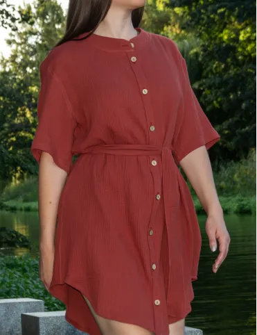Long Brick Red Boho Shirt Dress with a short collar and buttons down the front Rihanna