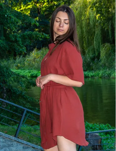 Long Brick Red Boho Shirt Dress with a short collar and buttons down the front Rihanna