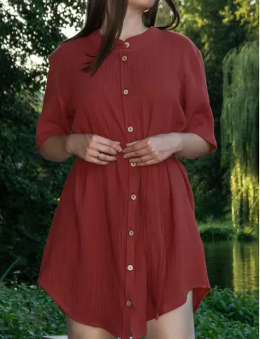 Long Brick Red Boho Shirt Dress with a short collar and buttons down the front Rihanna