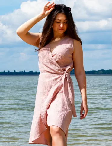 Women's Pink Boho Muslin Dress with belt and wrap neckline Mindy