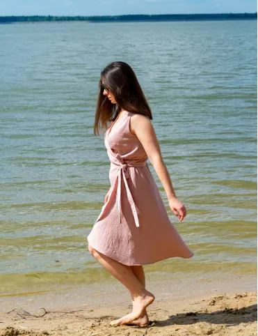 Women's Pink Boho Muslin Dress with belt and wrap neckline Mindy