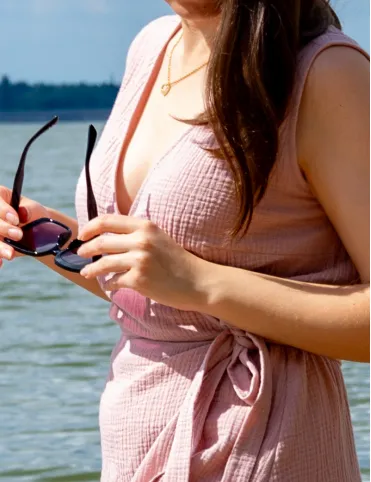 Women's Pink Boho Muslin Dress with belt and wrap neckline Mindy