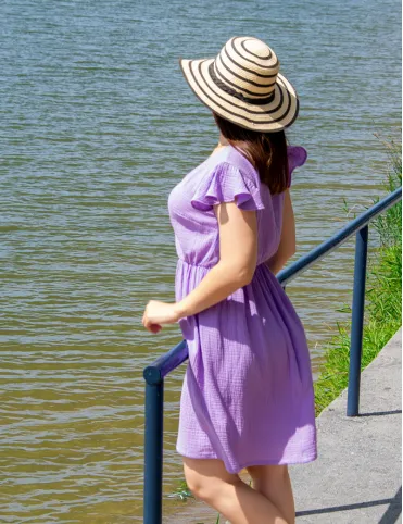 Lavender muslin midi dress with elastic waistband