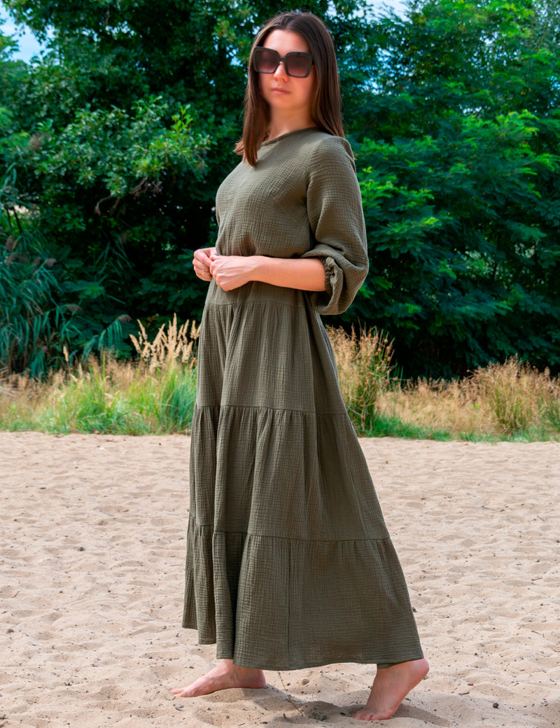 Long green muslin dress with elasticated waistband Sandra