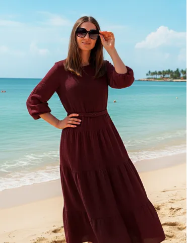 Long Dress in Bordo Muslin with Elasticated Waist Sandra