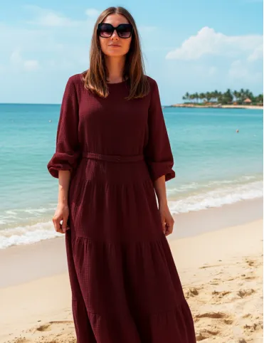 Long Dress in Bordo Muslin with Elasticated Waist Sandra