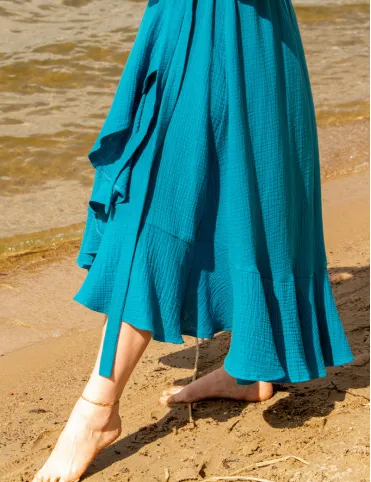 Blaues Musselin-Sommer-Maxikleid mit Rüschen im spanischen Carmen-Stil